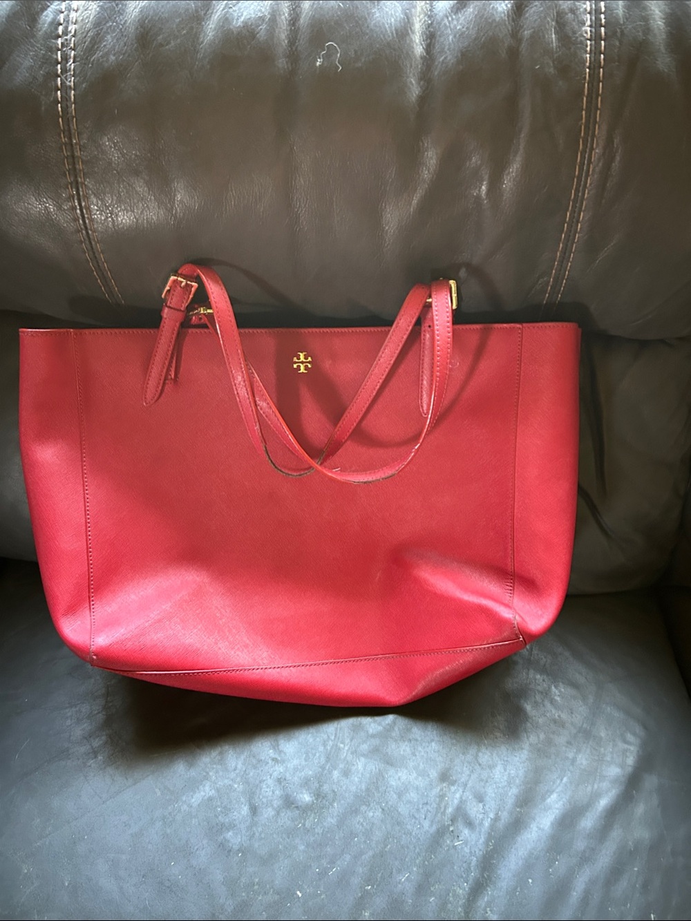 Tory Burch Red Leather Satchel Tote with Gold Logo
